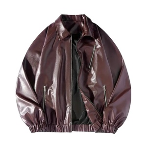 Venta al por mayor de chaquetas de piel sintética con logotipo personalizado marrón oscuro dobladillo elástico bolsillos con cremallera puños acanalados chaqueta de piel sintética - Product Image 1