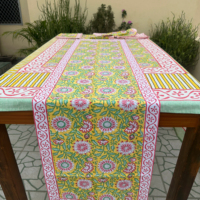 Chemin de table réutilisable de luxe en coton pur, lavable, écologique, durable, personnalisable, imprimé à la main avec motifs floraux