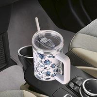 Gobelet isotherme personnalisé en acier inoxydable de 40 oz avec poignée et paille, tasse de voyage pour café, motif floral bleu et blanc, idéal pour un cadeau