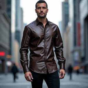 Camisas de cuero de Ciclismo de motor pesado para hombre, camisa de cuero holgada de manga larga para niños, camisa de cuero con letras y botones para hombre - Product Image 5