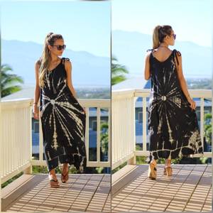 Robe maxi bohème à bretelles spaghetti, tie-dye, noir et blanc, en rayonne, douce, lavable, taille naturelle, vêtements de loisirs, vêtements de villégiature - Product Image 6