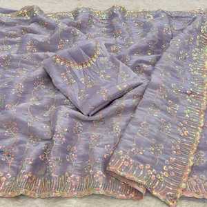 Hermoso vestido sexy excelente calidad mejor blusa Sari Burbury con Secuencia de 5 mm y trabajo de hilo multicolor exportador indio - Product Image 4