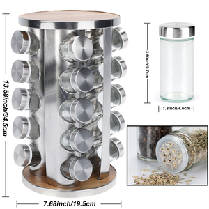 Organisateur d'Épices Rotatif en Acier Inoxydable et Bois, <span class=keywords><strong>Carrousel</strong></span> à Épices pour Comptoir de Cuisine, Étagère à Épices Tournante avec Bocaux - Product Image 2