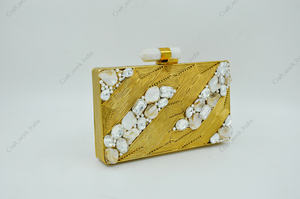 Gold Metal <b>Clutch</b> with Diagonal Textured Pattern Shell Inlay Crystal <b>Pearl</b> Accents Luxury Handcrafted Designer Bag Evening - Product Image 2