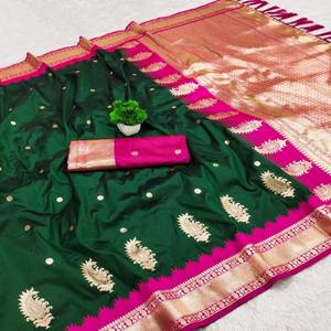 VASTRA COTTAGE Sari de Seda Banarasi Suave con Tejido Zari, Pequeños Motivos, Borde de Pallu con Rico Contraste, Diseño Tradicional - Product Image 4