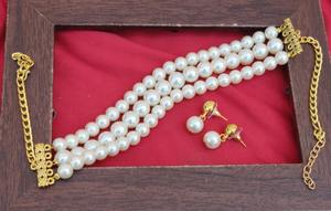 German <b>Silver</b> Three-Layer Glass Pearl Ball Necklace with <b>Earrings</b> for Women and Girls' Casual and Formal Wear - Product Image 3