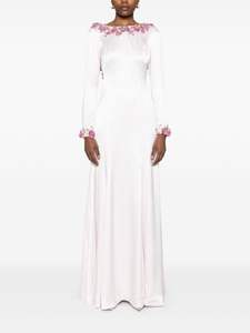 Floral Fuchsia A-ligne O-cou perlé robe de soirée manches longues dos nu pleine longueur antistatique pour les fêtes de bal avant inclus - Product Image 4