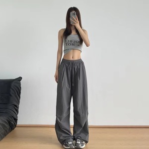 Pantalones de punto de pierna ancha holgados informales con cordón de cintura alta para mujer, ropa de calle de primavera transpirable de secado rápido, ropa caliente de hip hop - Product Image 2