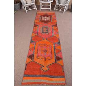 Turkish <b>Runner</b> <b>Rug</b>, 2.8x11.2 ft Vintage <b>Rug</b>, Orange Herki Wool <b>Rug</b> - Product Image 1