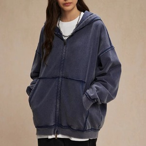 Sweat à capuche zippé décontracté en coton épais délavé à l'acide, coupe ample, fermeture éclair double, style rétro, vente en gros - Product Image 3