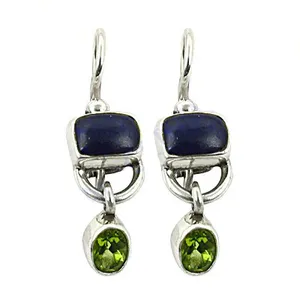 Boucles d'oreilles pendantes vintage plaquées argent avec lapis-lazuli bleu et péridot vert serti clos pour femmes, marque a, fabriquées au Rajasthan - Product Image 3