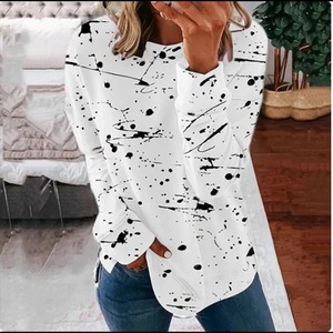 เสื้อยืดคอหลวมแขนยาวสำหรับผู้หญิงสีพื้นพิมพ์ลายอารมณ์เรียบง่ายสไตล์ลำลองสำหรับฤดูใบไม้ผลิเดินทางผ้าถัก - Product Image 1