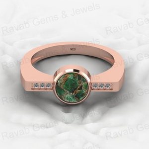 18K Gold 925 Silver 7mm Round Cabochon Green Peridot Copper CZ Diamond Stone Bezel Set Designer Band <b>Ring</b> Fine Jewelry For Women - Product Image 3