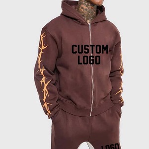 Conjunto de Sudadera con capucha y pantalones de chándal, traje de pantalón con cremallera acampanada personalizado para hombre, chándal de lavado ácido desgastado personalizado de alta calidad Vintage - Product Image 1