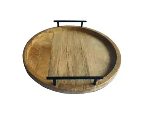 Plateau de service rond en bois d'acacia avec poignées Décoration d'intérieur Organisation Table à manger Contenant de rangement alimentaire - Product Image 4