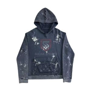 Sudadera con Capucha Negra con Efecto de Salpicaduras de Pintura, Sudadera Vintage de Felpa de Algodón Grueso - Product Image 1