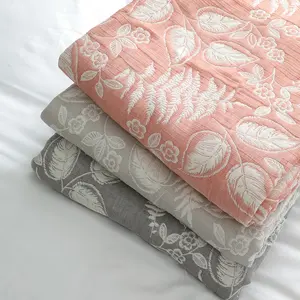 Gray Leaves Floral Aesthetic Plush Luxury Cellular Blanket Throw Wholesale Bed All Season Cot Natural Cheap Large