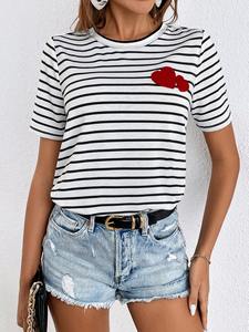 Nouveau T-shirt pour femmes, style décontracté ample, manches courtes, couleur unie, haut de qualité supérieure, style rayé, 100% coton - Product Image 4