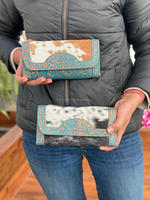 Nouveau Design Offre Spéciale Western véritable peau de vache portefeuille en cuir de fourrure élégant à la main Turquoise sculpture en cuir étui de téléphone pochette de luxe