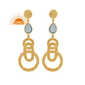 Best Selling Sterling <b>Silver</b> Gold Plated Natural Blue Chalcedony Gemstone <b>Dangle</b> <b>Earring</b> Custom Jewelry Manufacturer - Product Image 1