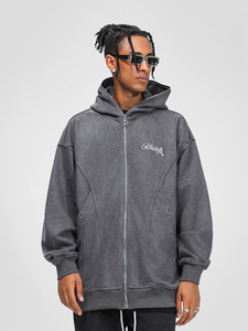 Alta calidad Boxy Cropped Custom Navy Blue Blank Zip Up Hombres Sudadera con capucha - Product Image 3