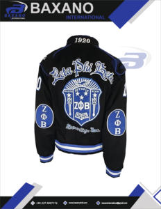 Veste bomber universitaire Zeta Phi Beta Sorority avec patchwork de lettres grecques, bleu noir, broderie premium, streetwear universitaire - Product Image 5