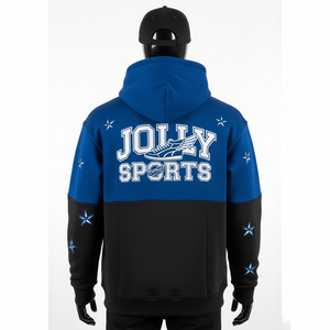 Sweat à capuche en polaire de coton premium 300 GSM, bleu et noir, design à panneaux, coupe ajustée, logo brodé personnalisé, sweat à capuche basique - Product Image 4