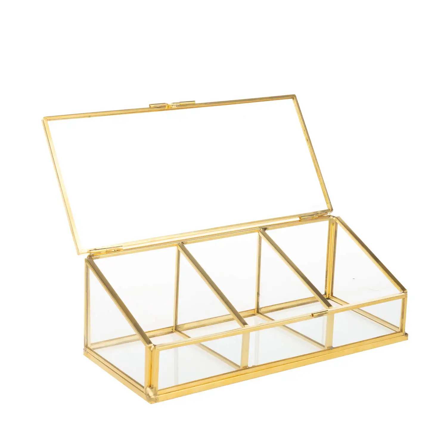 Caja de almacenamiento de cosméticos de vidrio dorado de los productos más populares y caja de exhibición de joyería de tres compartimentos para tocador de dormitorio