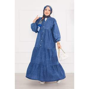 Robe en jean Hijab plissé bleu à moitié boutonné pour femme - Product Image 5
