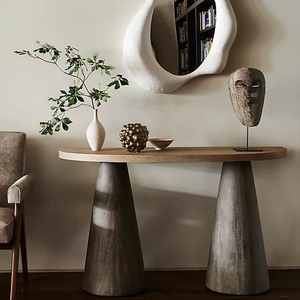 Table console en bois à double piédestal minimaliste, table d'entrée sculpturale, meubles de luxe pour couloir, style de design LeMieux et Cie - Product Image 2