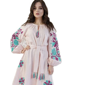 Luxury Modest Designer High Quality Party Wear Dress Embroidered <b>Balloon</b> Long Sleeve V-Neck Europe Style Woven Waistline Natural - Product Image 1