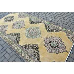 Vintage Large Rug 4.7x9.4 ft, <b>Yellow</b> Floral Turkish <b>Wool</b> Rug - Product Image 4