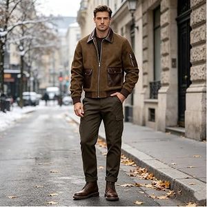 <b>Men's</b> Vintage Brown Faux <b>Suede</b> Bomber <b>Jacket</b> Contrast Pockets Ribbed Cuffs Zipper OEM Service - Product Image 2