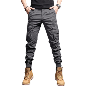 Mens Gray Solid Cargo Jogger Pants Elastic Waist Drawstring Multi Pocket Casual Tactical Outdoor Canvas 6XL Regular Fit - Product Image 1