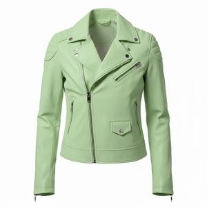 Veste en cuir vert clair pour femme, style moto, fabrication directe d'usine, vente en gros personnalisée, grande quantité, cuir véritable, veste de motard, OEM - Product Image 2