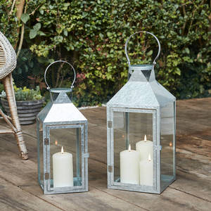 <b>Set</b> Two Elegant Galvanized Metal Outdoor Candle <b>Lanterns</b> Natural Finish for Home Decor Weddings Christmas Includes Wood Candle - Product Image 1