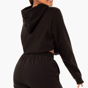 wholesale blank cotton hoodie <b>ladies</b> GYM <b>long</b> sleeve tracksuit womens crop <b>tops</b> hoodie custom LOGO cropped raw hem hoodies - Product Image 6