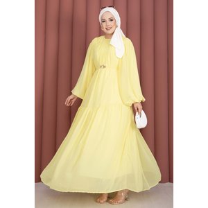Vestido Amarillo de Gasa con Corte en A, Cinturón con Detalle Fruncido y Estilo Modesto - Product Image 4