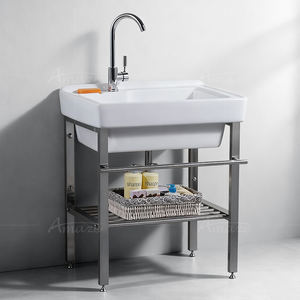 Tanque de Lavanderia Profundo para Área de Serviço, com Cuba de Cerâmica e Estrutura de Aço Inoxidável - Product Image 1