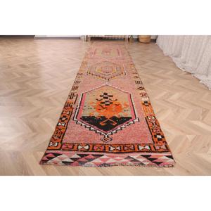 2.7x12.7 ft Rug, Turkish Herki Rug, Vintage <b>Red</b> <b>Wool</b> Check Rug - Product Image 2