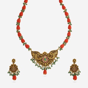 <b>Wedding</b> Fine Jewelry Set Gold Plated Coral <b>Necklace</b> & <b>Ring</b> Rhodium Plated Pearl & Diamond Accents - Product Image 1
