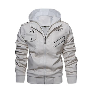 Veste bomber en cuir synthétique PU décontractée pour homme avec capuche amovible, coupe ajustée, col montant, veste de motard en cuir d'agneau véritable - Product Image 5