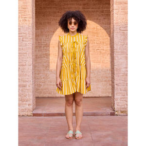 Striped Midi <b>Dress</b> with Dropped Waist and Ruffles for Women - Product Image 2