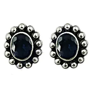 Women's Trendy 925 Silver & 18K Gold Plated Blue Sapphire <b>Stud</b> Earrings Gift with <b>Emerald</b> Cut Diamond Rose Gold Main Stone - Product Image 1