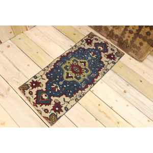 Alfombra Turca de 1.3x3.1 pies, Alfombra Pequeña Vintage, Alfombra con Estampado Animal Azul - Product Image 1