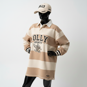 Camiseta de rugby para mujer, mezcla de algodón premium GSM, beige con paneles blancos a rayas, logotipo bordado personalizado, corte holgado, camisetas de rugby para mujer - Product Image 4
