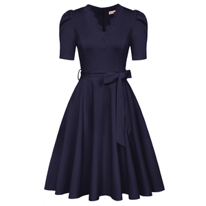 Vestido de cintura definida para mujer, manga corta, encaje, cuello en V, sólido, acampanado, línea A, ropa de fiesta, vestidos de primavera para mujer, vestido de los años 50 - Product Image 4
