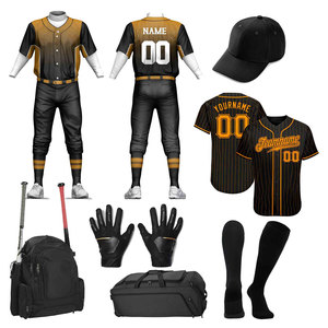 Custom Black Gold Baseball Uniform Set Jersey Pants <b>Gloves</b> Cap Socks Bag <b>Moisture</b> Wicking Sublimated Print Men's Apparel - Product Image 1
