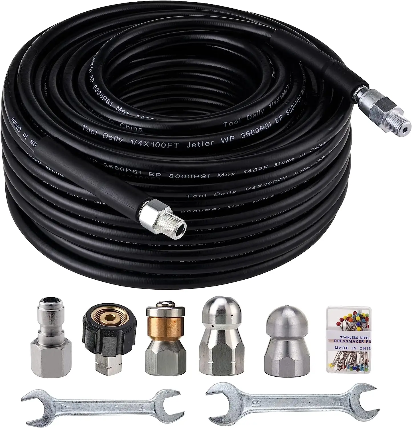 MAOJI WASHER Sewer Jetter Kit for Pressure Washer 50 Feet Hose 1/4 Inch,Drain Jetting, Laser and Rotating Sewer Nozzle,3600 PSI,