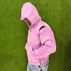 Acide lavé en détresse 500 Gsm rose couleur éponge surdimensionné blanc sweats à capuche 100% coton fermeture éclair sweats pour hommes plaine teint hiver - Product Image 3